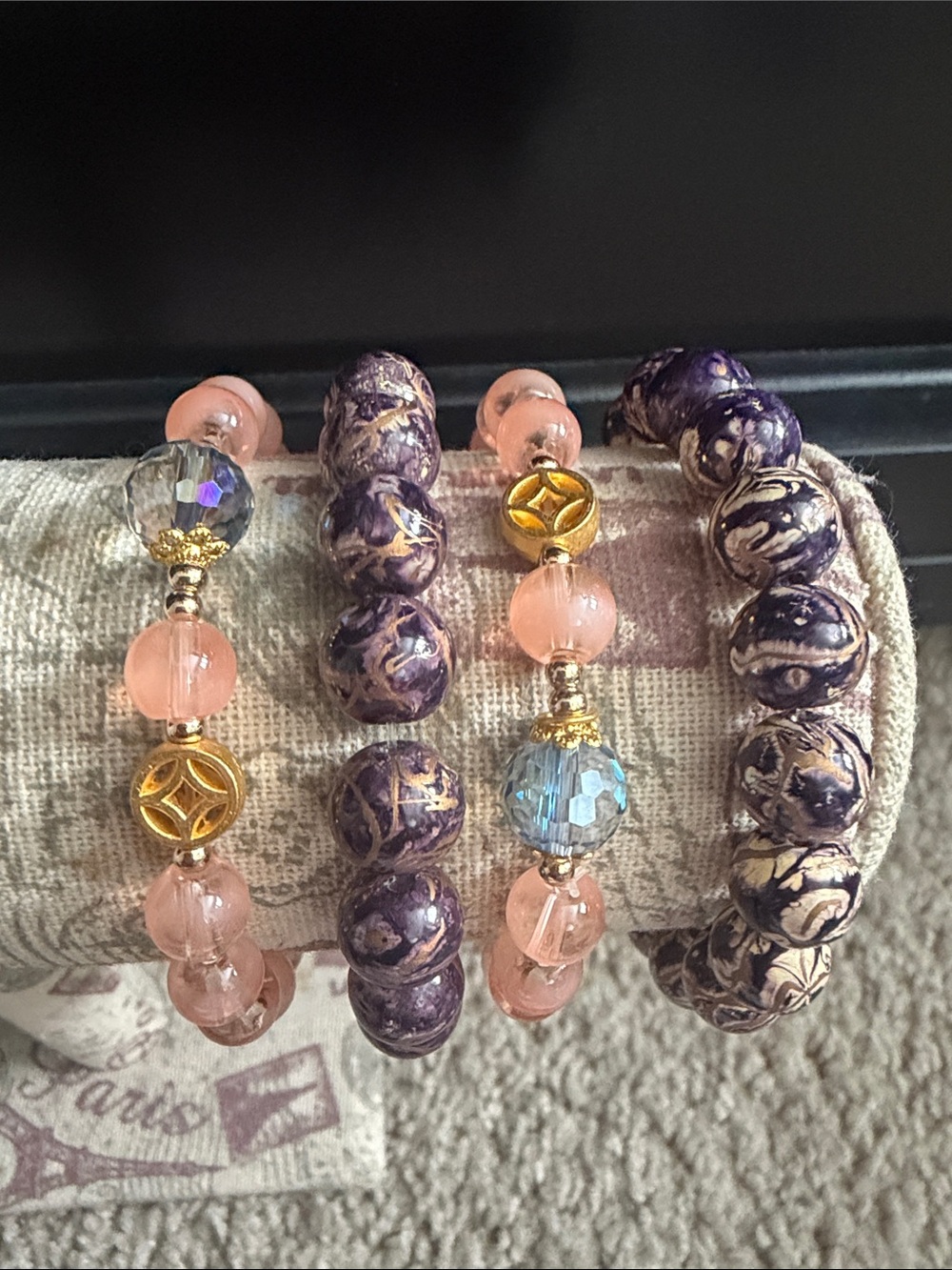 Handmade Purple Marble & Pink Crystal Stretch Bracelet Set